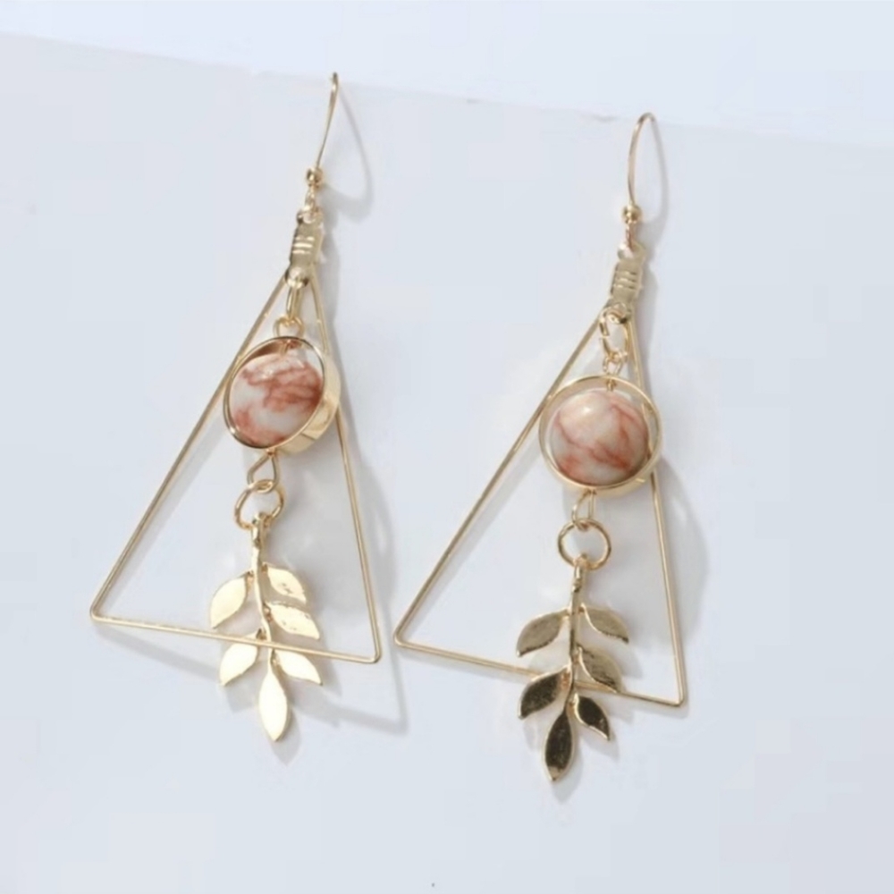 14k Gold Plated Hollow Triangle Shape Bead Decor Dangle Earrings